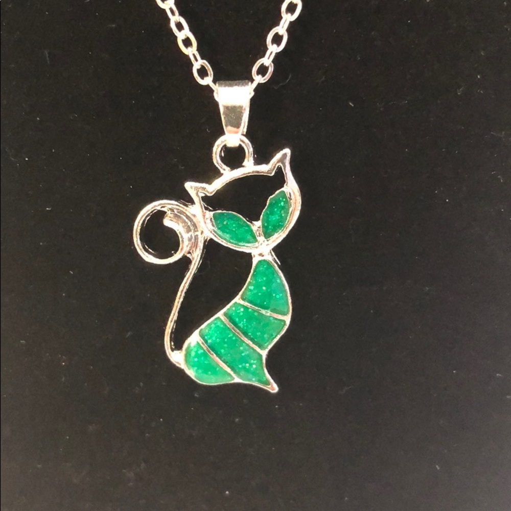 Cat necklace with silver toned chain